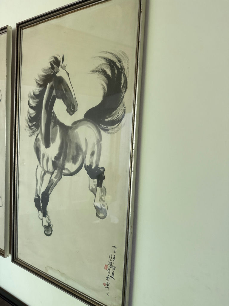 Framed Ink Horse Painting with Calligraphy 17x30. Minor damage as seen in pic - image 1 of 4