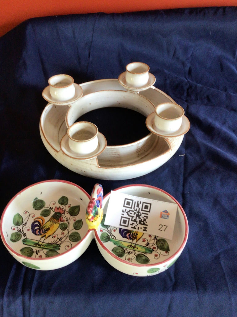 Hand-painted Italian ceramic set: five-cup ring warmer and rooster bowls - image 1 of 7