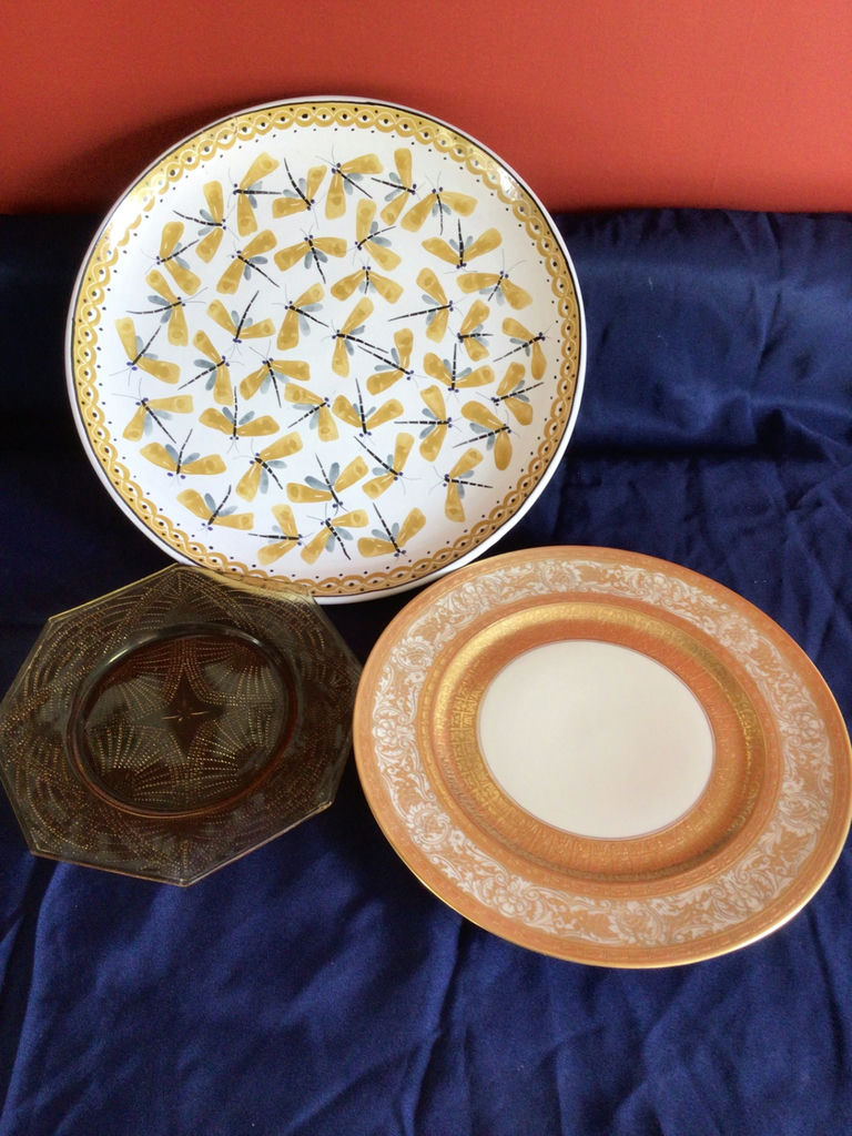 Dragonfly-pattern plate, ornate-border plate, and brown glass dish - image 1 of 4
