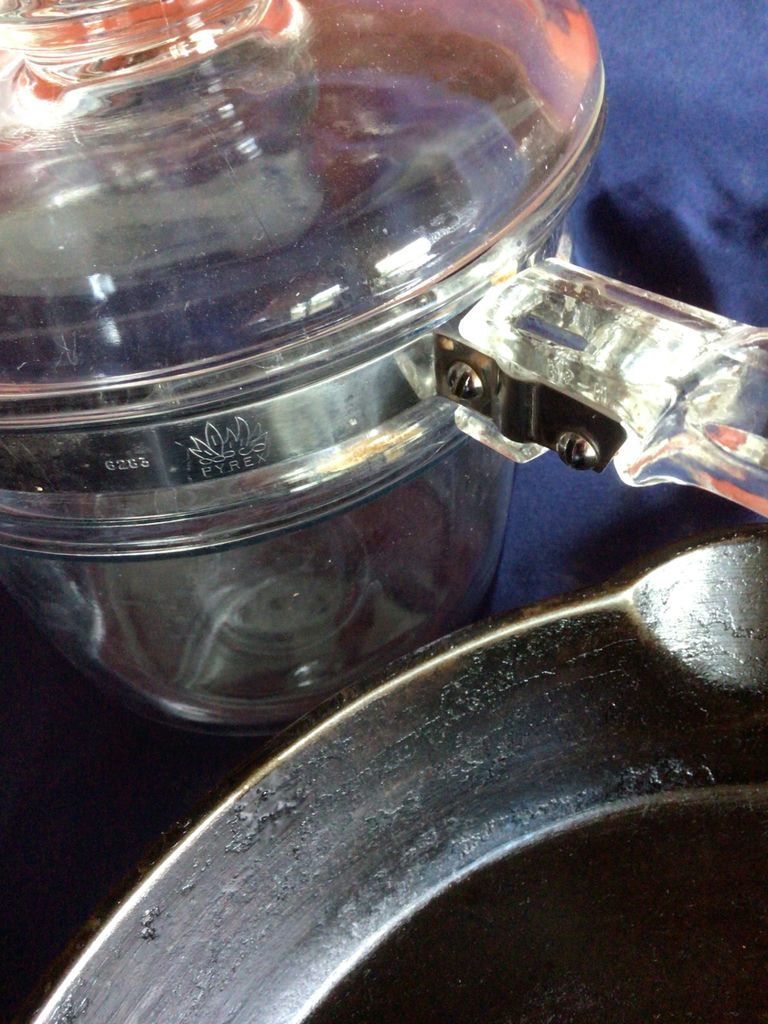 Griswold Cast iron skillet with two vintage Pyrex Flameware glass cookware pots - image 2 of 5