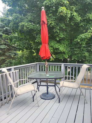 Outdoor Patio Table Set with Umbrella and Two Chairs - Image 1 of 15