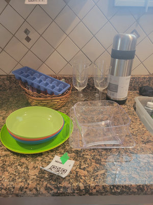 Kitchenware Items Including Plates, Glasses, Thermos, and Ice Tray - Image 1 of 1