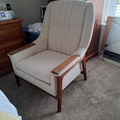 Beige Upholstered Armchair with Wooden Accents - Image 1 of 2
