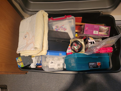 Storage Bin with Blanket and Various Household Items - Image 1 of 2