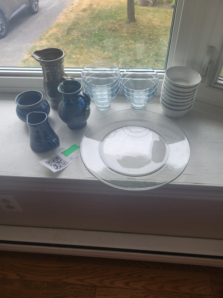 Assorted Glass Bowls, Plates, and Blue Ceramic Pitchers - image 1 of 2