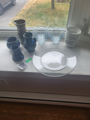 Assorted Glass Bowls, Plates, and Blue Ceramic Pitchers - Image 1 of 2