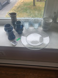 Assorted Glass Bowls, Plates, and Blue Ceramic Pitchers - thumbnail 1 of 2