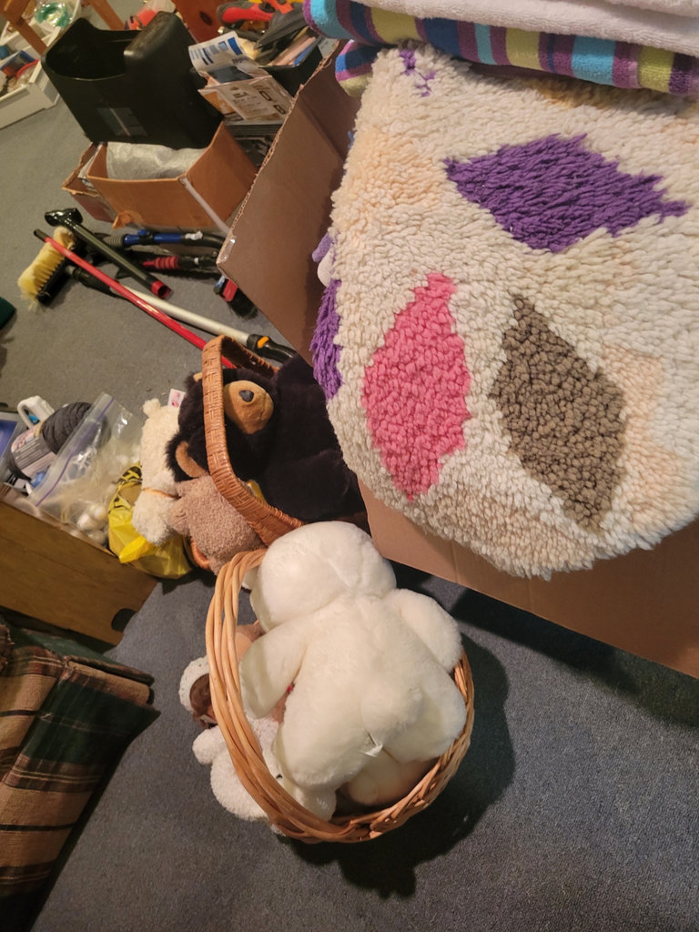 Box with towels, basket with stuffed bears, and wooden storage box - image 3 of 4