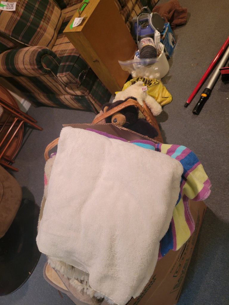 Box with towels, basket with stuffed bears, and wooden storage box - image 2 of 4