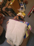 Box with towels, basket with stuffed bears, and wooden storage box - thumbnail 2 of 4