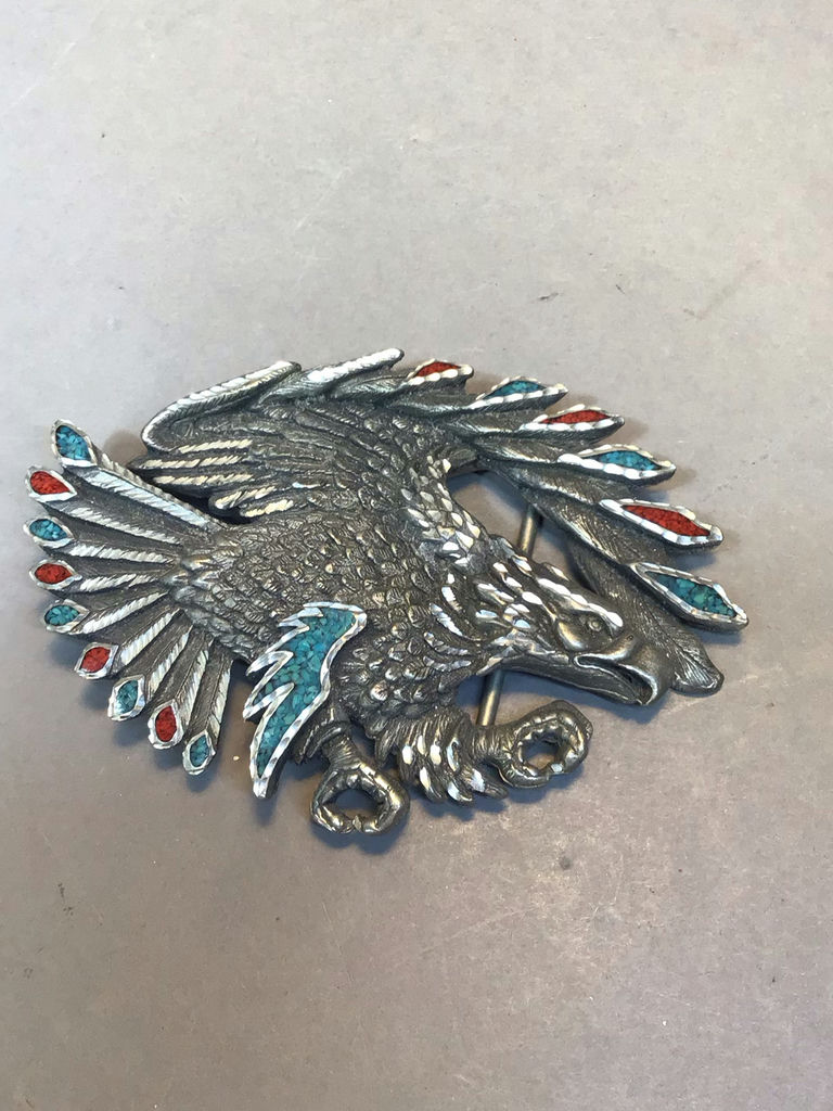 Flying Eagle Metal & Turquoise Buckles and Bolo - image 9 of 10