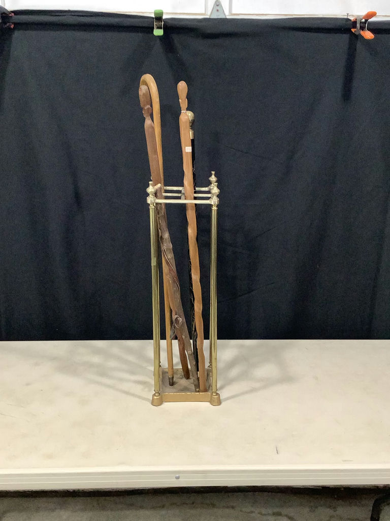 Brass Umbrella Stand & Hand Carved Wood Canes - image 1 of 8
