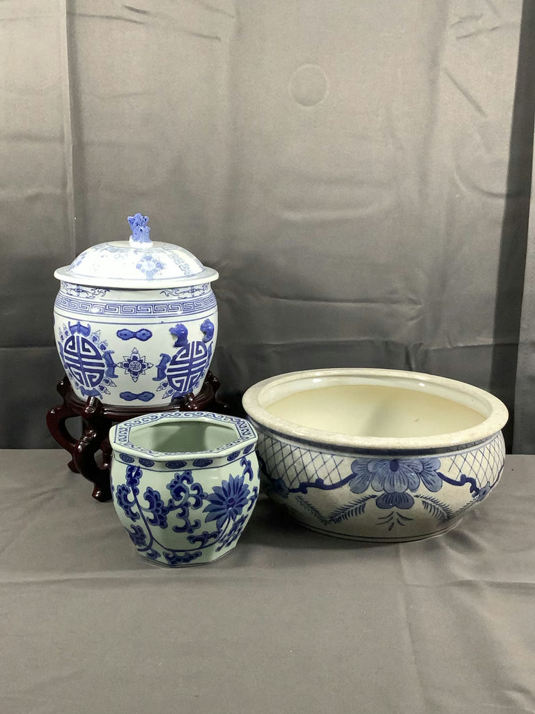 Blue & White Ceramic Planters And Jar - image 1 of 12