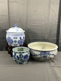 Blue & White Ceramic Planters And Jar - thumbnail 1 of 12