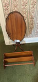 Oak oval-top pedestal table with matching two-tier shelf - thumbnail 1 of 15