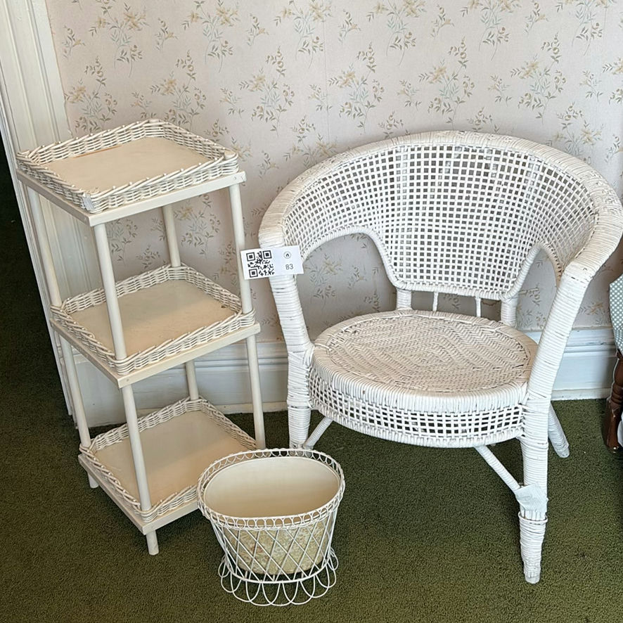 White Wicker Chair, Shelf and Basket - image 1 of 16