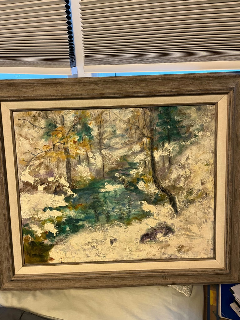 Framed landscape painting of a forest and stream - image 2 of 2