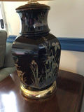 Black ceramic table lamp with floral motif and pleated shade - thumbnail 2 of 3