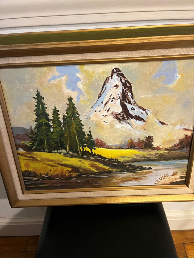 Landscape painting with mountain, trees, and river in a gold frame 20x 16 1/2 - image 1 of 1