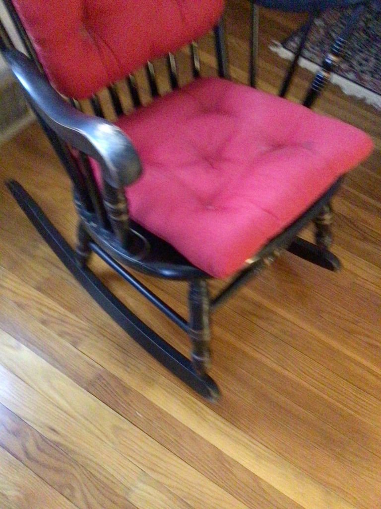 Black wooden rocking chair with red tufted cushions - image 2 of 5