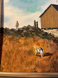 Framed landscape painting with barn, man, dog, and stone wall - thumbnail 3 of 3