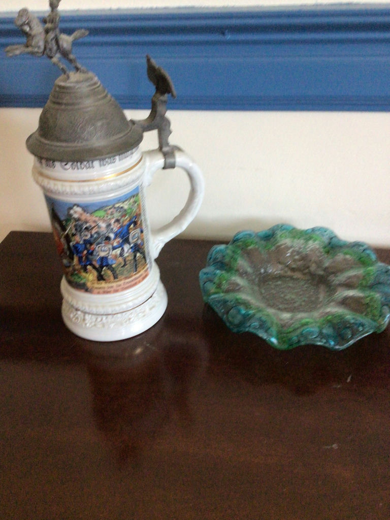 Ceramic beer stein with pewter lid and green glass dish - image 2 of 4