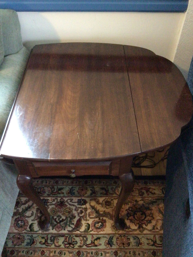 Dark wood end table with single drawer and curved legs - image 3 of 3