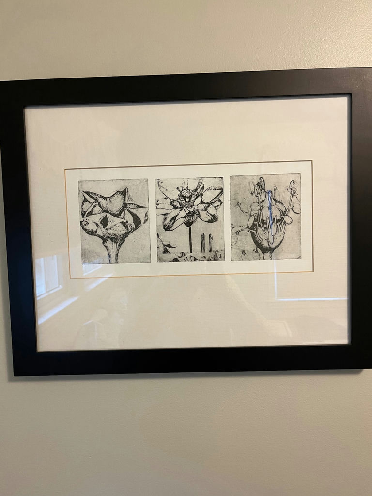 Three-panel botanical print in black frame - image 1 of 1