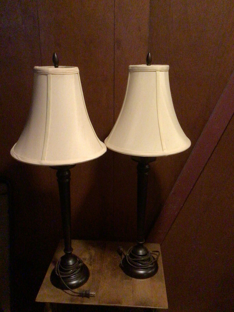 Pair of black metal table lamps with cream fabric shades - image 2 of 4