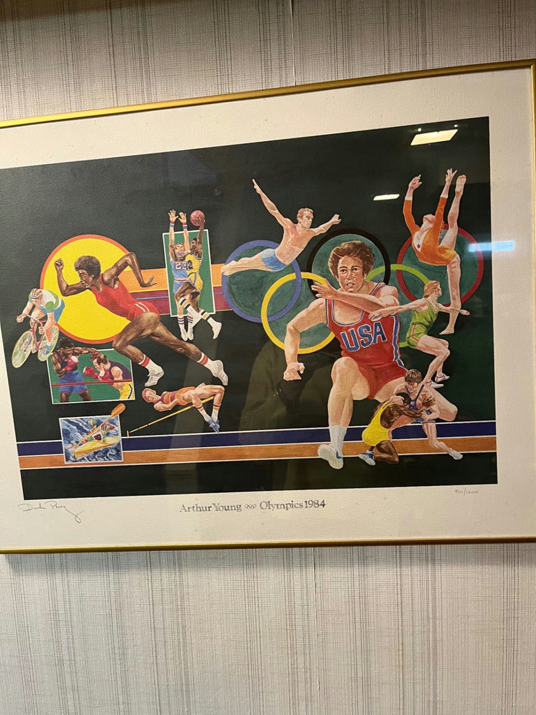 Arthur Young Olympics 1984 Art Prints and Pink Olympiad Jacket Patch and shirt - image 1 of 5