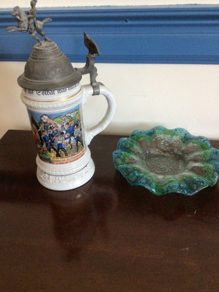 Ceramic beer stein with pewter lid and green glass dish - image 1 of 4