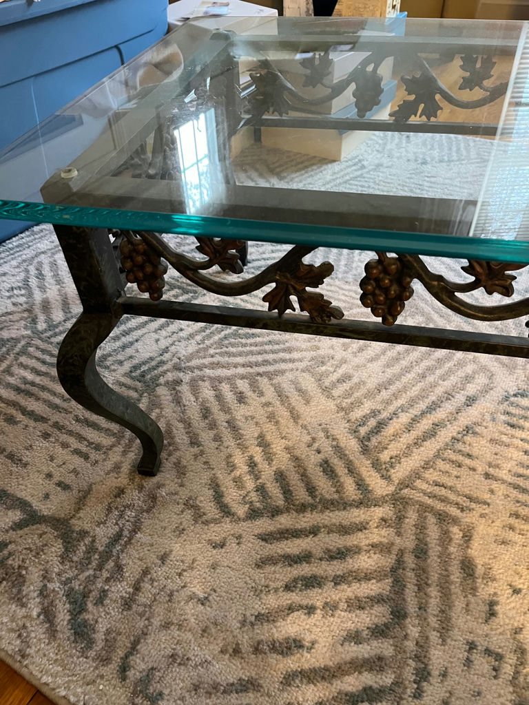 Glass-top coffee table with ornate wrought-iron grapevine frame 50x24 - image 2 of 2