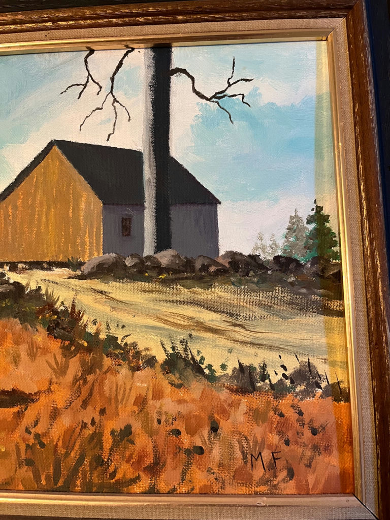 Framed landscape painting with barn, man, dog, and stone wall - image 2 of 3