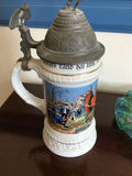 Ceramic beer stein with pewter lid and green glass dish - thumbnail 3 of 4