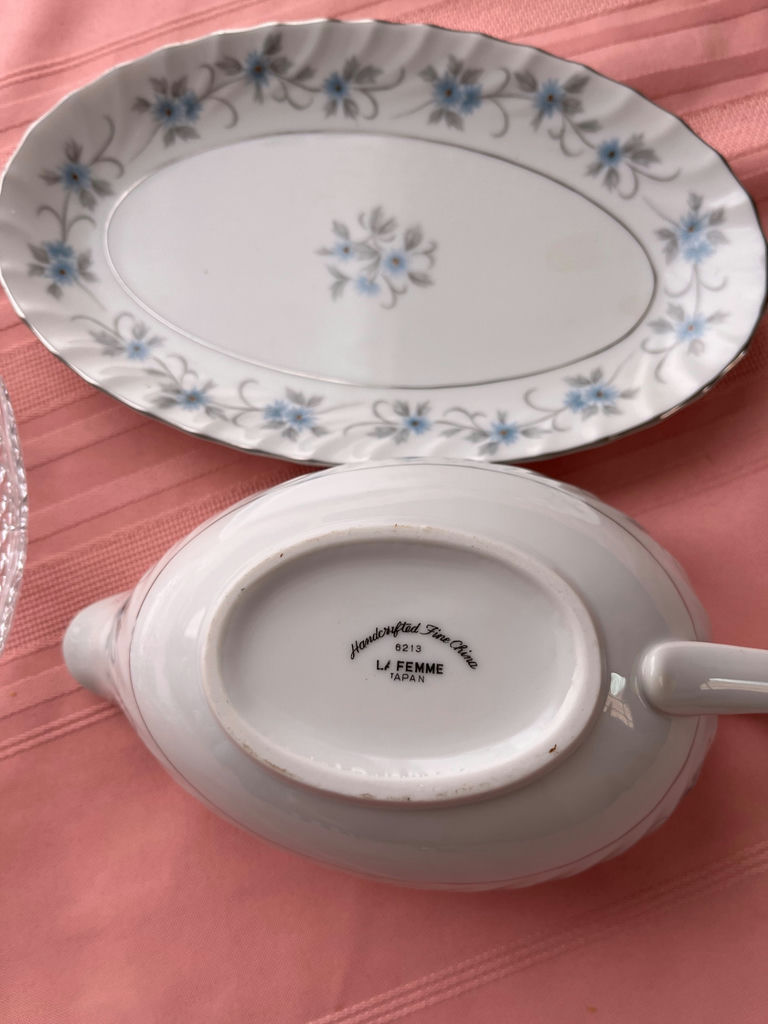 Crystal decanters, cut-glass dish, and floral porcelain gravy boat with saucer - image 3 of 4