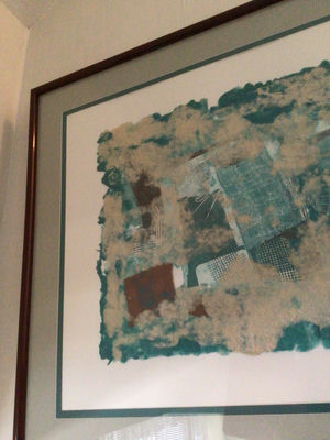 Framed abstract teal and beige collage print - Image 1 of 3