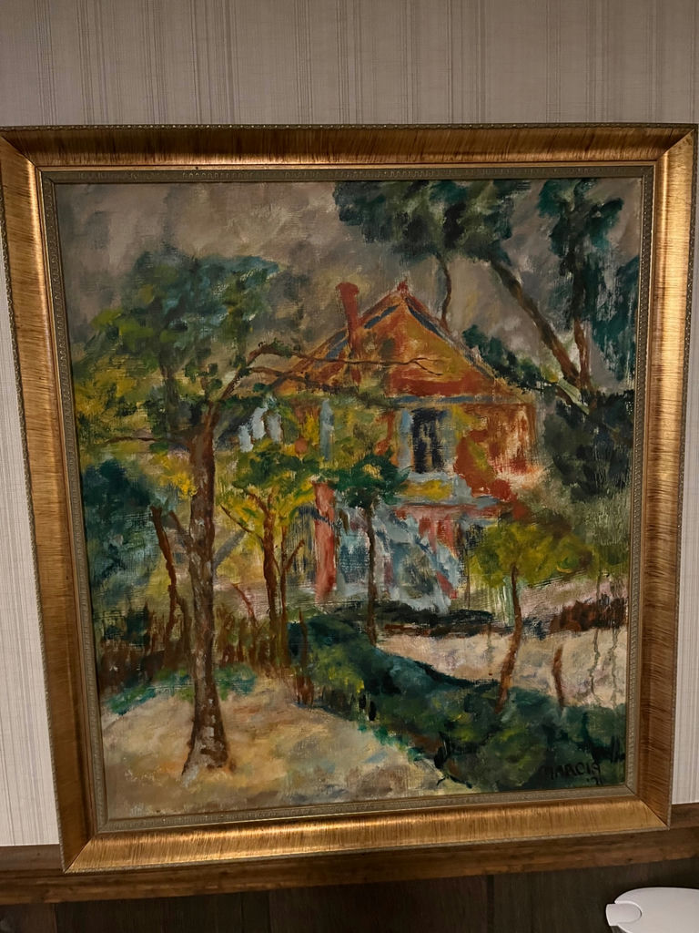 Framed landscape painting of a house among trees - image 1 of 1