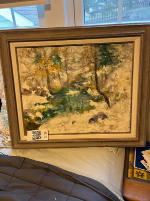 Framed landscape painting of a forest and stream - Image 1 of 2