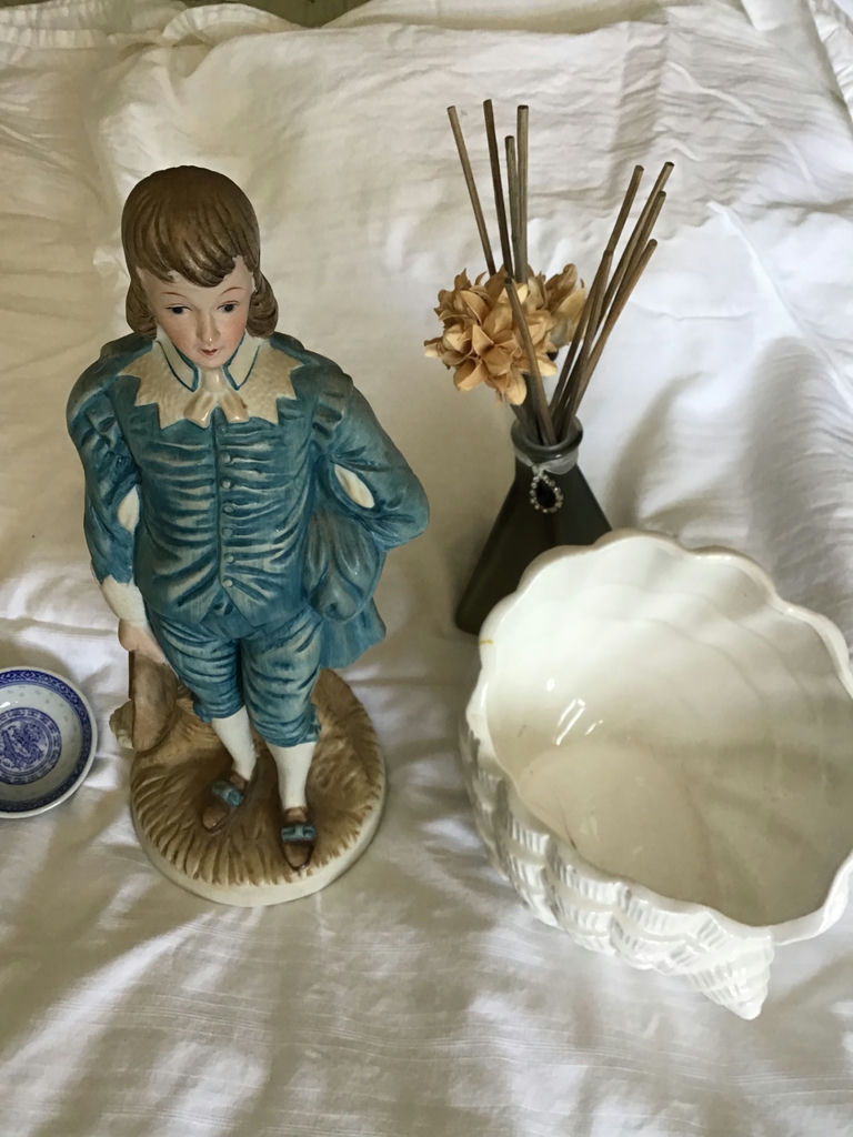 Decorative ceramic figurine, planters, blue-and-white dishware, and a reed diffuser - image 3 of 3