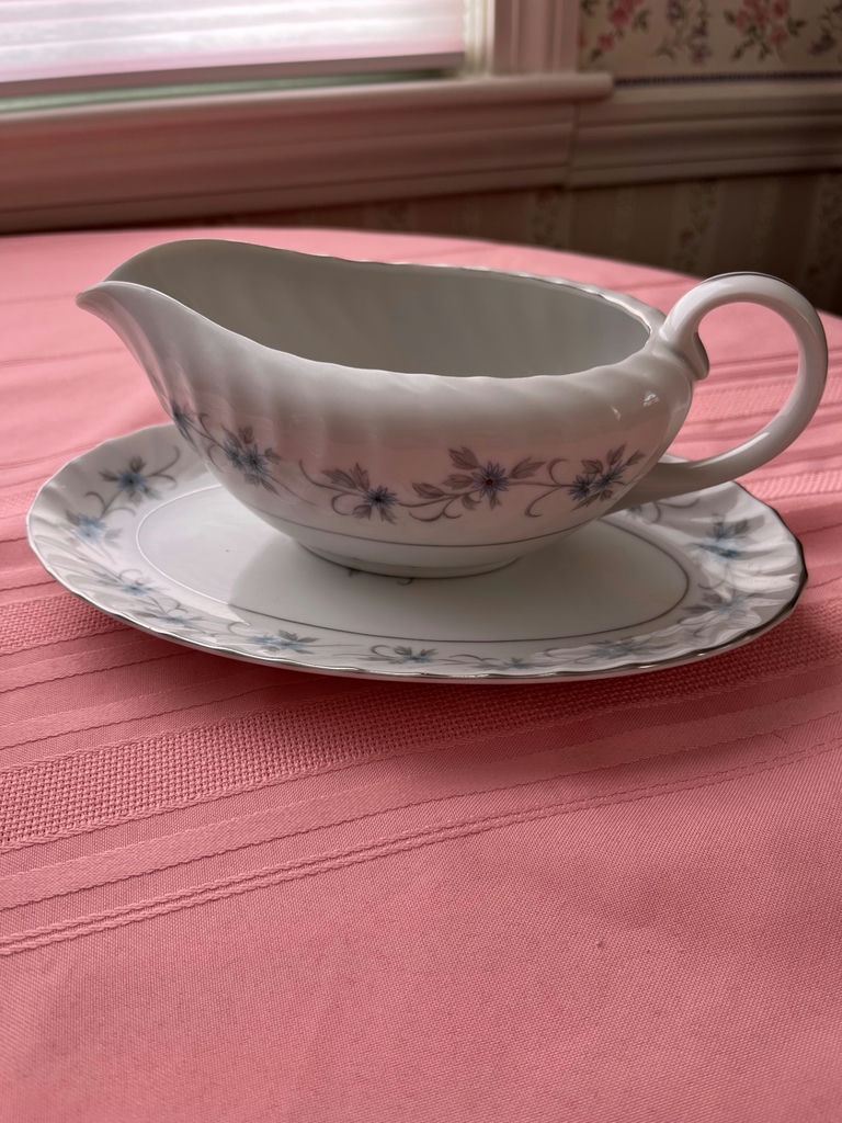 Crystal decanters, cut-glass dish, and floral porcelain gravy boat with saucer - image 2 of 4