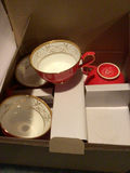 Red bone china tea set with teapot and cups - thumbnail 1 of 4