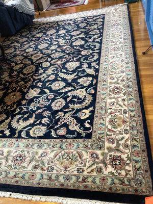 Black and Navy Blue Oriental Area Rug with Floral Border - Image 1 of 3
