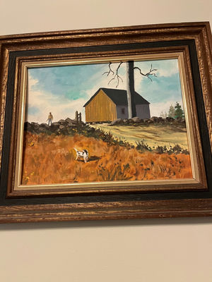 Framed landscape painting with barn, man, dog, and stone wall - Image 1 of 3