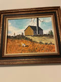 Framed landscape painting with barn, man, dog, and stone wall - thumbnail 1 of 3