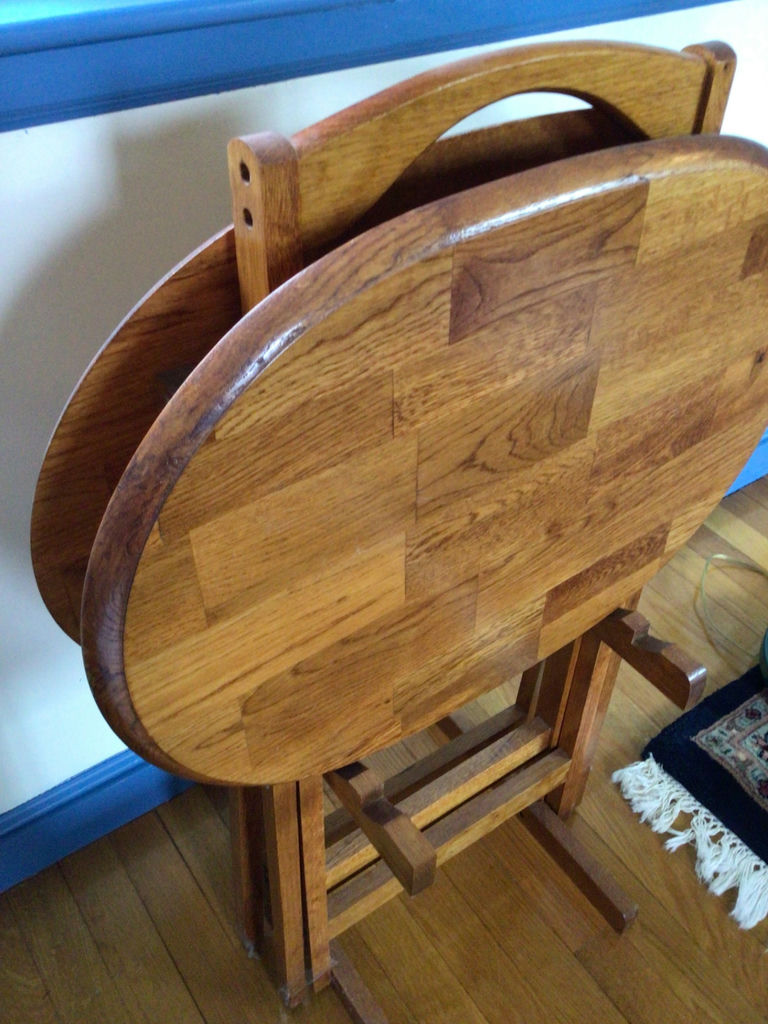 Oval wooden folding tables on folding stand - image 2 of 2