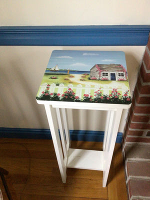 White Wooden End Table with Seaside Scene - Image 1 of 1