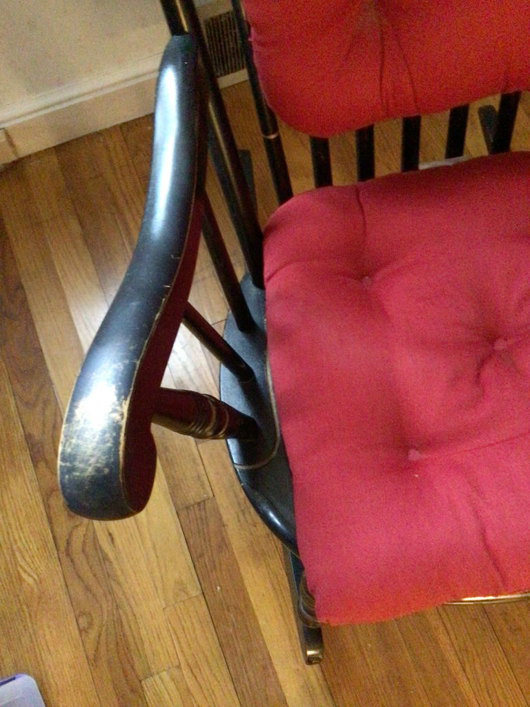 Black wooden rocking chair with red tufted cushions - image 3 of 5