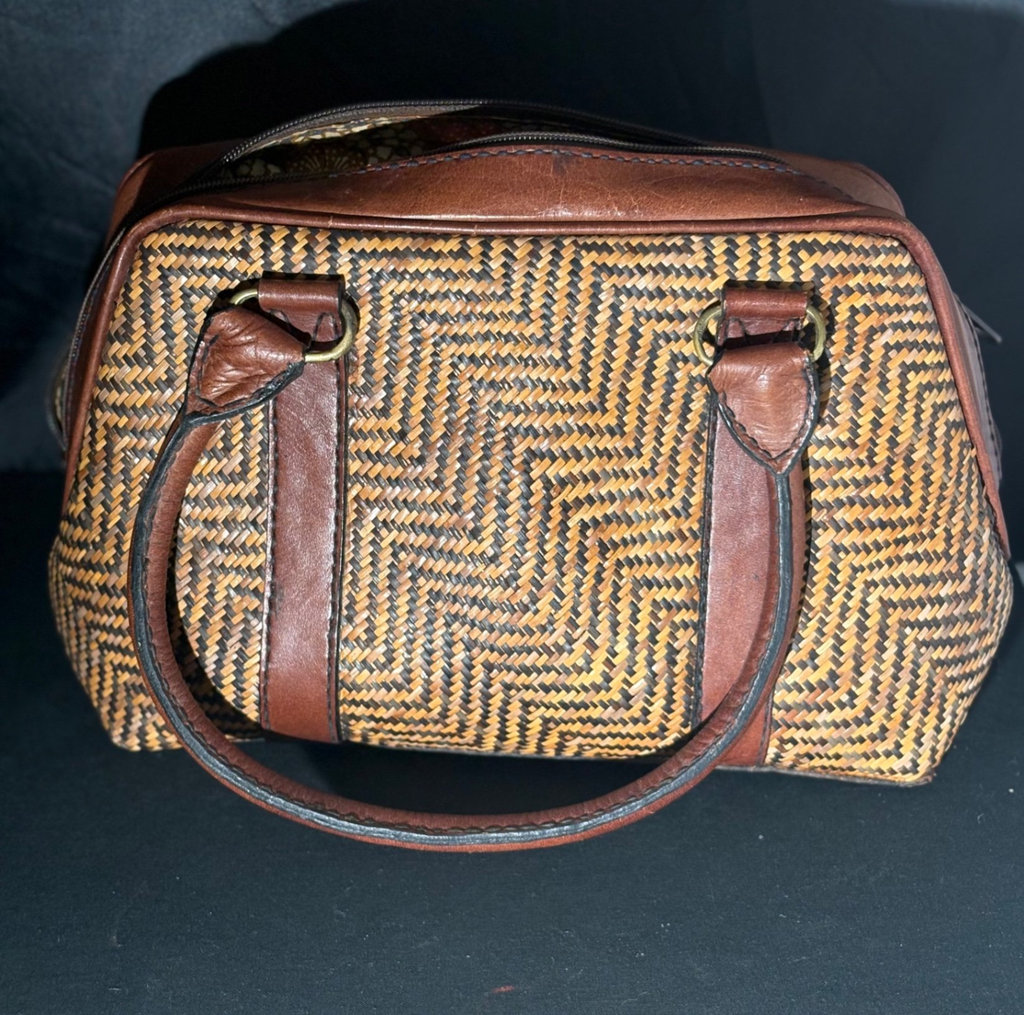 Vintage Leather and Woven Wicker Satchel Handbag - image 2 of 6