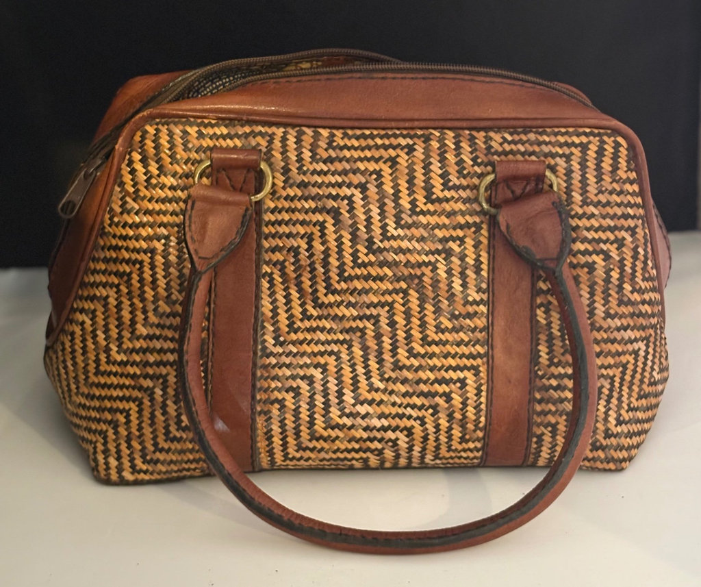 Vintage Leather and Woven Wicker Satchel Handbag - image 1 of 6