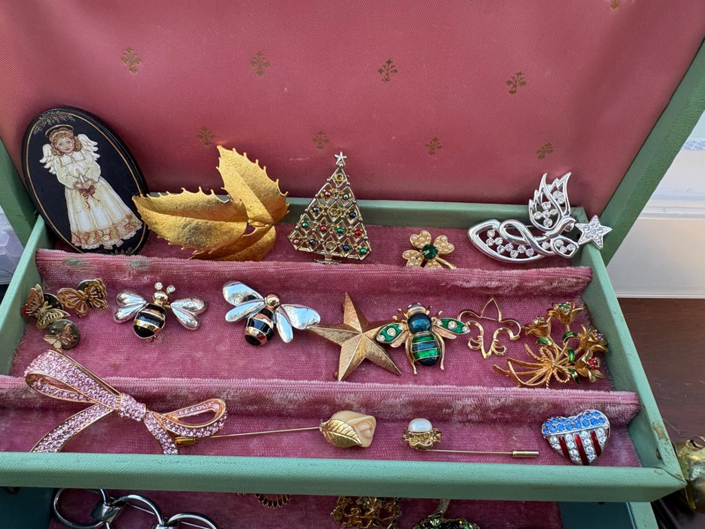 Vintage and Holiday Brooches, Pins, Stickpins in Locking Jewelry Box - image 2 of 3
